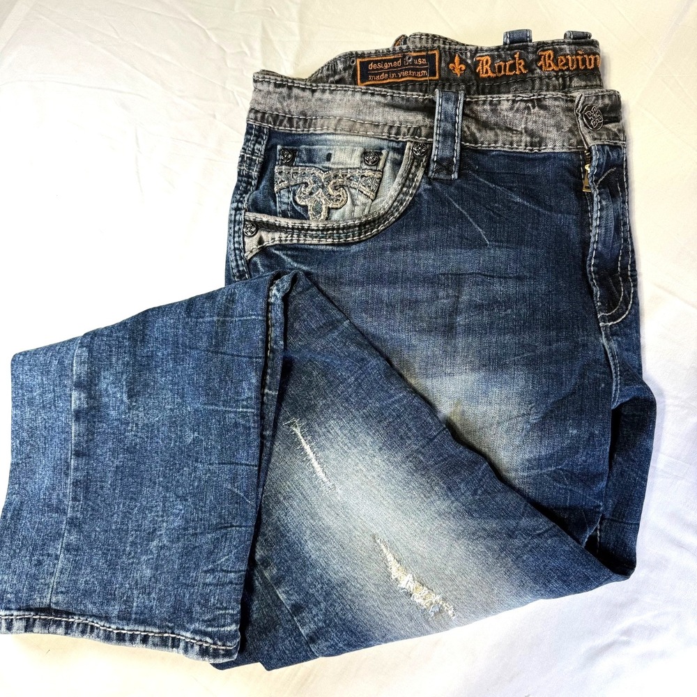 Rock Revival Jeans Blue Vino Alt Straight Leg Distressed DenimMen's Size 42x33